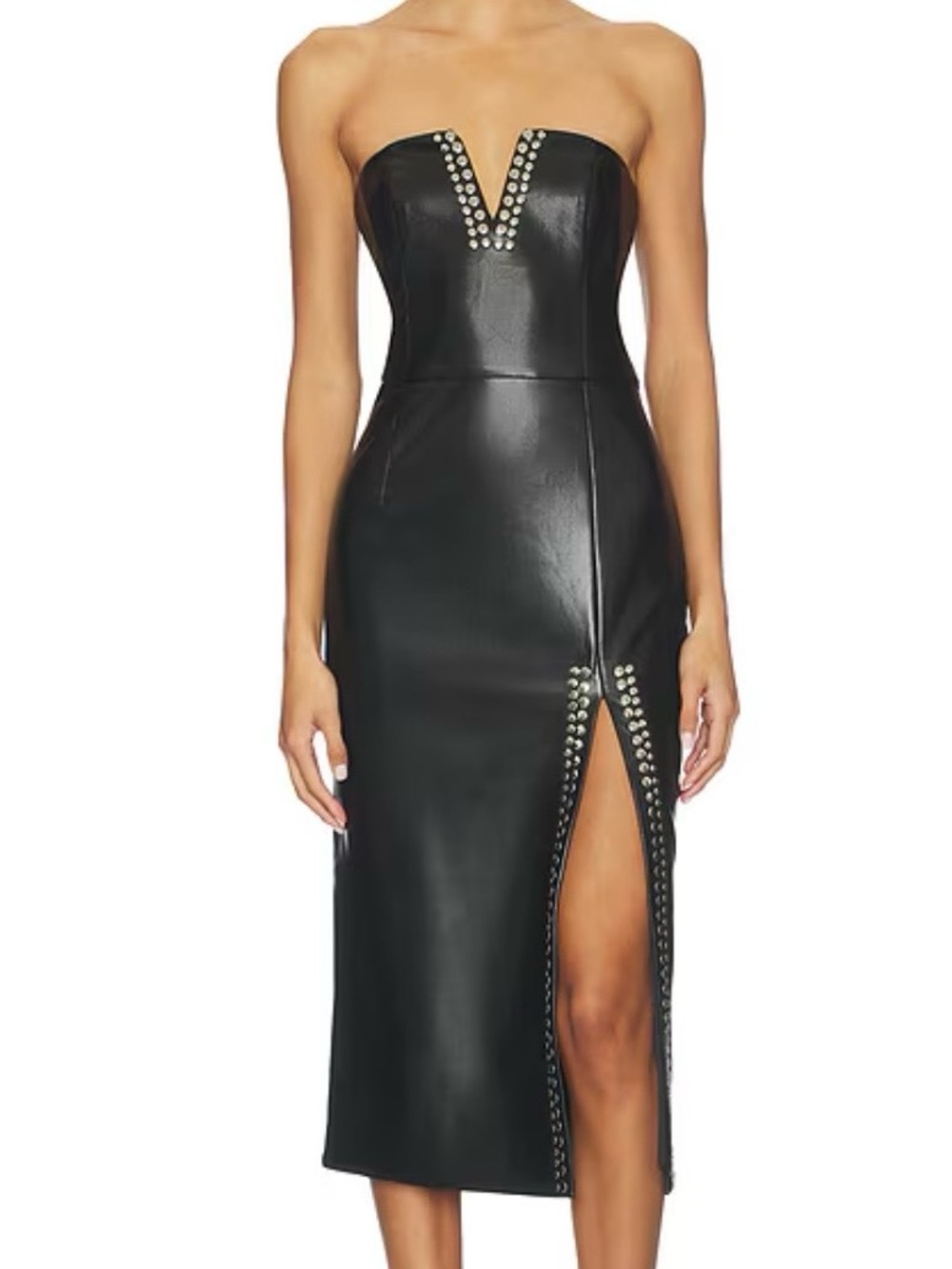 Generation Love Black Strapless Studded Faux Leather Midi Dress